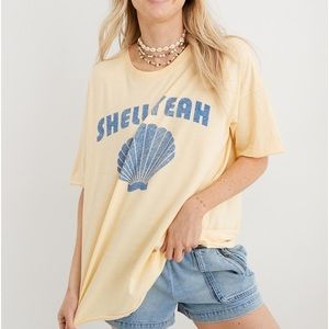 Aerie Shell Yeah Oversized Beach Tee Yellow Blue Medium